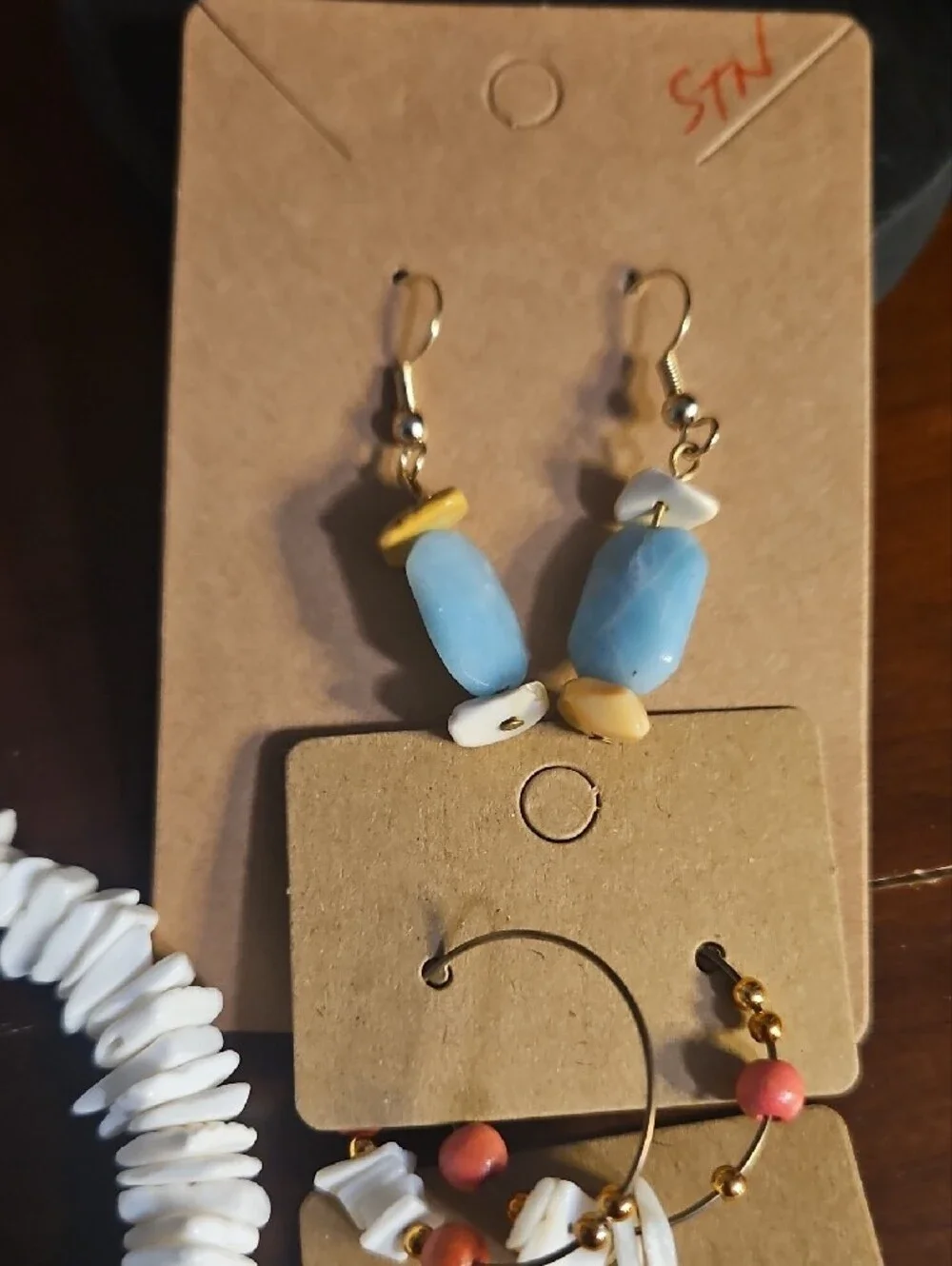 White Shell Stretch Bracelet with Blue Bead Accent Earrings Set